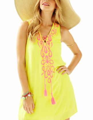 Lilly Pulitzer Bethany Embroidered Swing Dress Sweet Tart Yellow Pom Pom Tassels
