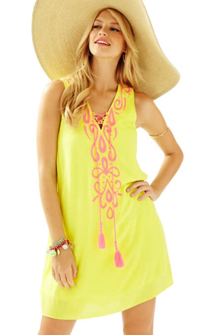 Lilly Pulitzer Bethany Embroidered Swing Dress Sweet Tart Yellow Pom Pom Tassels