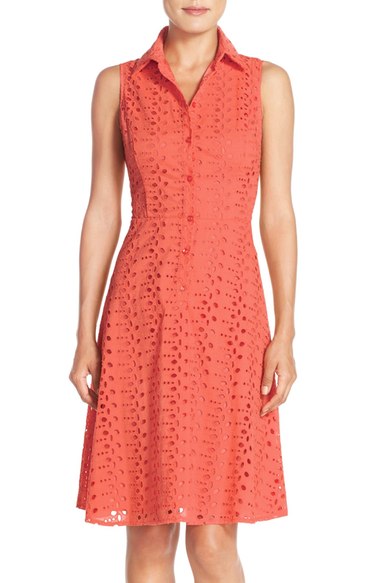 London Times Eyelet Fit & Flare Shirtdress Coral eyelet dresses summer