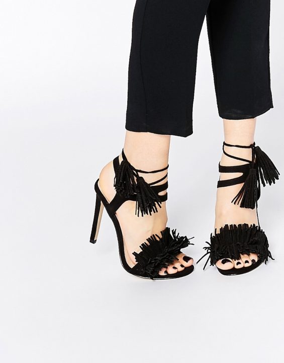 Lost Ink Ruffle Fringe Lace Up High Heeled Sandals Black