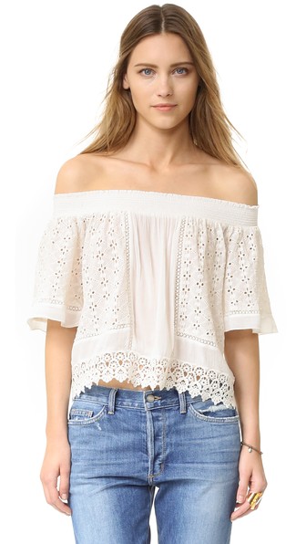 Lovers + Friends Eyelet Lace Seamist Off The Shoulder Top Ivory casual off the shoulder tops for summer