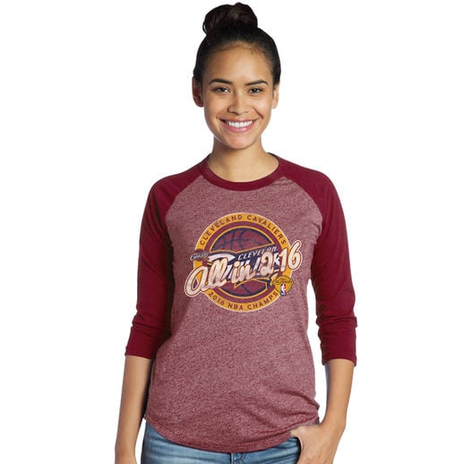 MAJESTIC THREADS CLEVELAND CAVALIERS WOMEN'S BURGUNDY 2016 NBA FINALS CHAMPIONS RAGLAN T-SHIRT