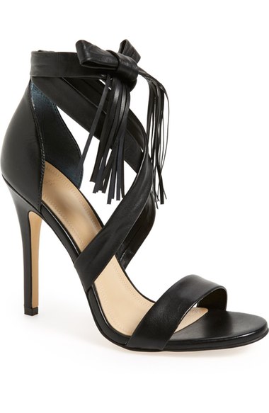MARC FISHER LTD 'Lauren' Tassel Sandal (Women) Black Leather fringe heeled sandals wedding guest season