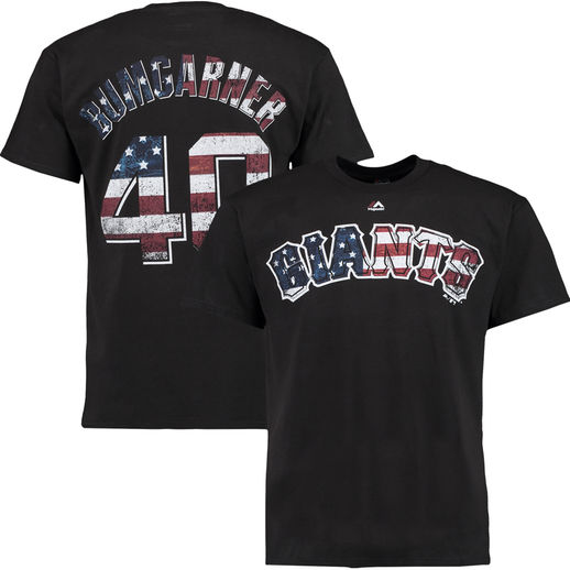 Majestic Madison Bumgarner San Francisco Giants Black Stars and Stripes Proud Fan Name and Number T-Shirt san francisco giants 4th of july shirts