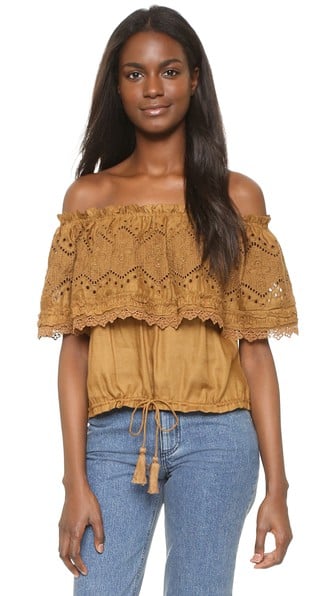 Maria Stanley Tash Off The Shoulder Eyelet Embroidered Crochet Top Mustard 