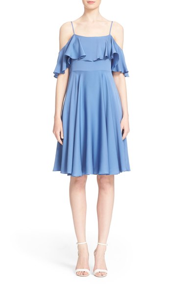 Milly 'Emmaline' Ruffle Stretch Silk Dress Steel Blue off the shoulder wedding guest dresses summer