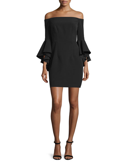 Milly Selena Short Italian Cady Dress W/Cascade Sleeves Black elegant off the shoulder wedding guest dresses