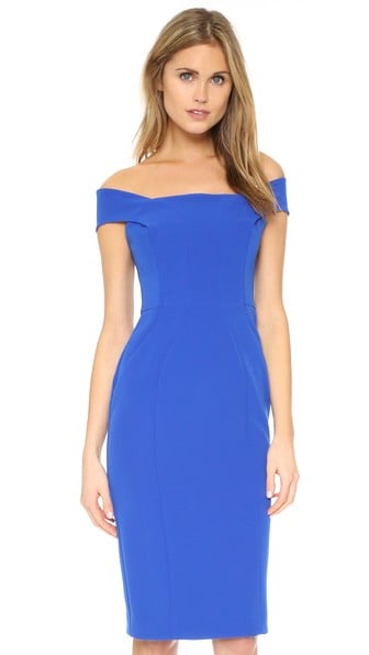 Nicholas Tech Bonded Curve Panel Dress Cobalt Blue off the shoulder wedding guest dresses summer