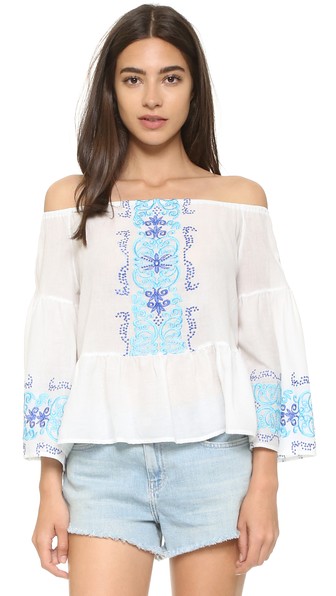 Nightcap x Carisa Rene Santorini Embroidered Off The Shoulder Top White  casual off the shoulder tops for summer 