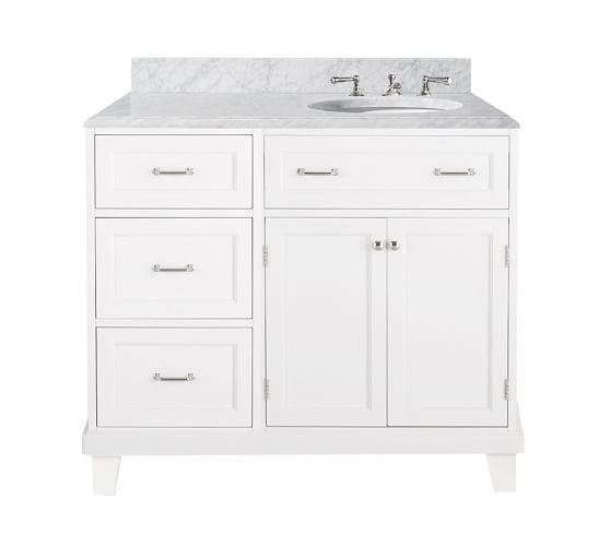 Pottery Barn CUSTOM CLASSIC ASYMMETRIC SINGLE SINK CONSOLE WITH DOOR STORAGE - CARRARA MARBLE pottery barn $50 off $200 purchase sale
