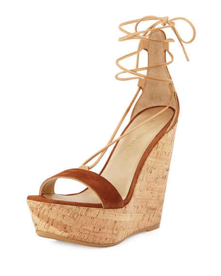 Stuart Weitzman Wrap It Suede Lace-Up Wedge Sandal Saddle 