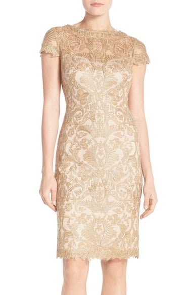 Tadashi Shoji Illusion Yoke Lace Sheath Dress (Regular & Petite) Light Gold summer wedding guest sheath dresses