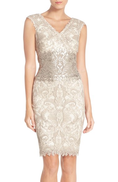 Tadashi Shoji Sequin Embroidered Sheath Dress Pumice Latte summer wedding guest sheath dresses