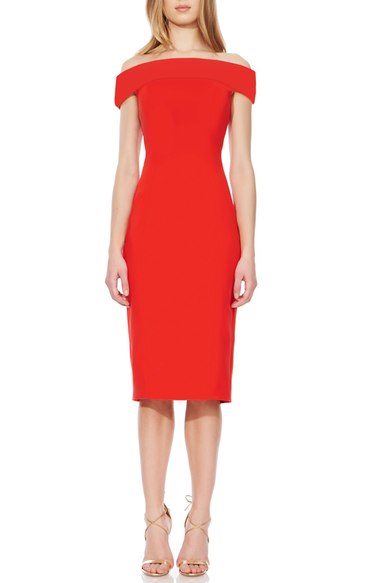 Theia Off the Shoulder Sheath Dress Poppy summer wedding guest sheath dresses