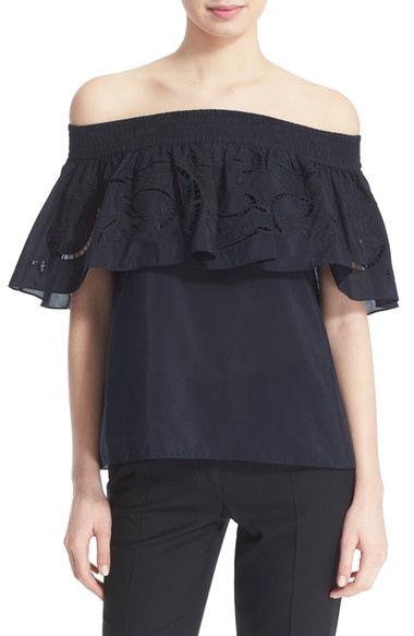Tibi 'Carmen' Off the Shoulder Cotton & Silk Top Black casual off the shoulder tops for summer