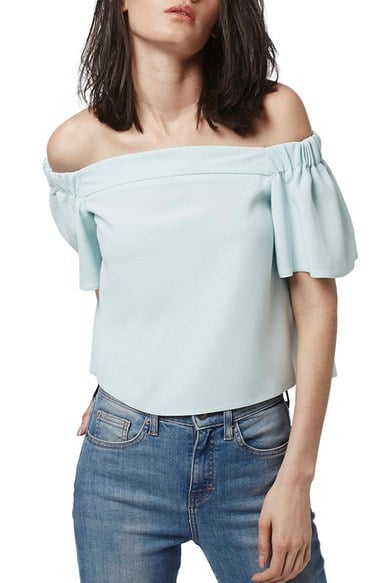 Topshop 'Livi' Off the Shoulder Top Light Blue casual off the shoulder tops for summer