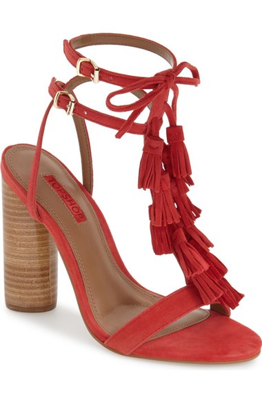 Topshop 'Ripple' Tasseled Round Heel Sandal (Women) Red Suede fringe heeled sandals wedding guest season 