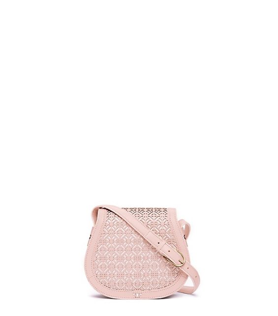 Tory Burch FRET-T SMALL SADDLEBAG Light Oak tory burch semi-annual sale
