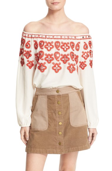 Tory Burch 'Leyla' Embellished Off the Shoulder Silk Top New Ivory Red Canyon casual off the shoulder tops for summer