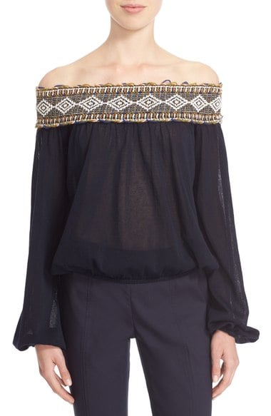 Tory Burch 'Sylvia' Embroidered Off the Shoulder Top Royal Navy casual off the shoulder tops for summer