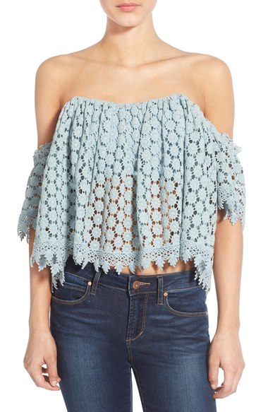 Tularosa 'Amelia' Off the Shoulder Crochet Crop Top Mint casual off the shoulder tops for summer
