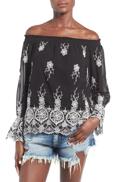 Wayf Embroidered Off the Shoulder Top Black Ivory casual off the shoulder tops for summer