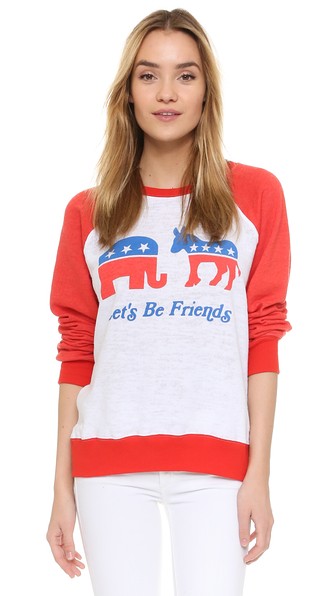 Wildfox Friendship Sweatshirt Republican Democrat Elephant Donkey Let's Be Friends Clean White Marinara
