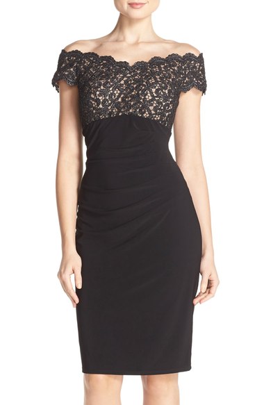 Xscape Lace & Jersey Sheath Dress Black off the shoulder dresses summer wedding guest season