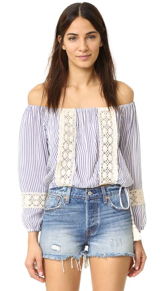 coolchange Skye Top Stripe Crochet Cream Thistle casual off the shoulder tops for summer