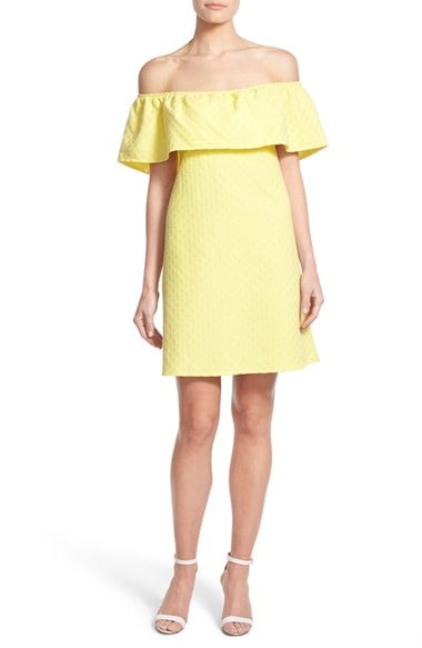 cupcakes and cashmere 'Lulu' Off the Shoulder Dress Mellow Yellow off the shoulder summer wedding guest dresses 
