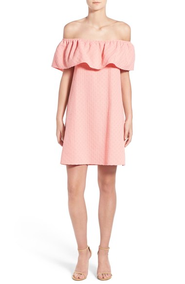 cupcakes and cashmere 'Lulu' Off the Shoulder Dress Papaya Punch summer wedding guest season off the shoulder dresses 