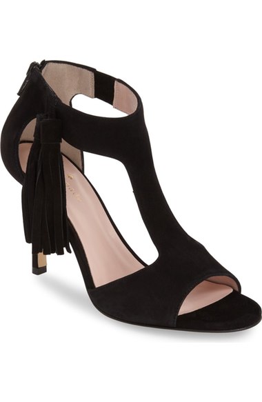 kate spade new kate spade new york 'inga' fringe T-strap sandal (Women) black suede fringe heeled sandals wedding guest season 'inga' fringe T-strap sandal (Women) black suede