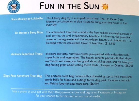 Truly Pawsome Fun In The Sun! This card lists all the items that came in the monthly subscription box my dogs were gifted a week or so ago. 