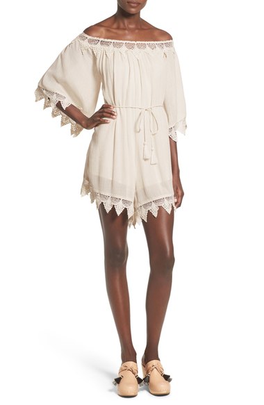 ASTR 'Seville' Lace Trim Off the Shoulder Romper Cream off the shoulder rompers for summer
