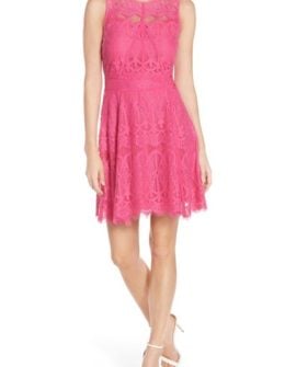 Adelyn Rae Illusion Yoke Lace Fit & Flare Dress Hot Pink fit and flare dresses summer wedding guest