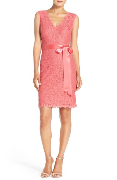 Adrianna Papell Lace Faux Wrap Dress French Coral lace dresses summer wedding guest season 2016