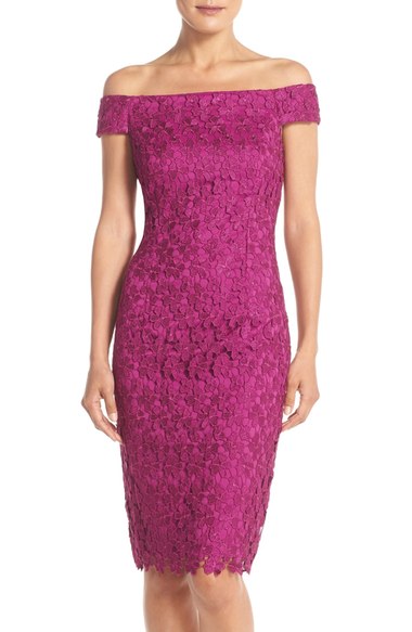 Adrianna Papell Off the Shoulder Lace Sheath Dress Crushed Berry lace dresses summer wedding guest season 2016