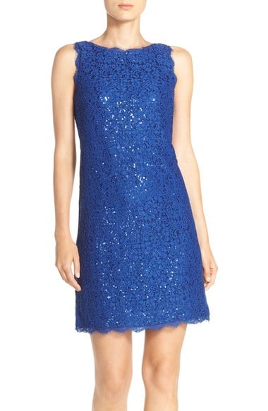 Adrianna Papell Sequin Lace A-Line Dress Prussian Blue lace dresses summer wedding guest season