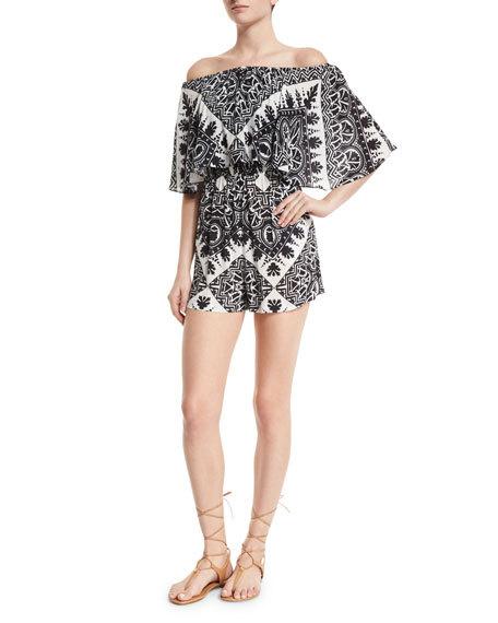 Alice + Olivia Alivia Off-the-Shoulder Multipattern Romper, Black/White Bell Sleeves