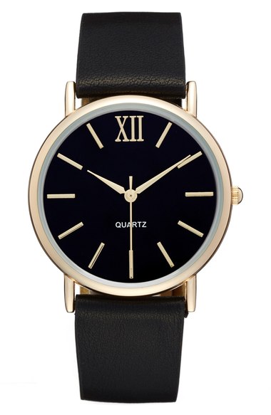 BP. Round Faux Leather Strap Watch, 37mm Black Gold Nordstrom anniversary sale women's jewelry