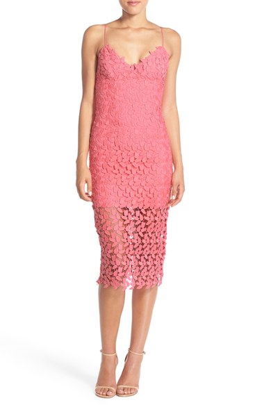 Bardot 'Flora' Lace Midi Dress Watermelon Pink lace dresses summer wedding guest season