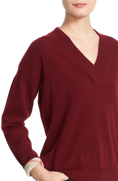Burberry Brit Check Print Cuff V-Neck Cashmere Blend Sweater Deep Claret Nordstrom anniversary sale women's sweaters cardigans 2016
