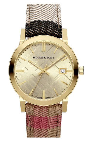 Burberry 'The City' Woven Strap Watch, 38mm House Check Gold Nordstrom anniversary sale women's jewelry watches