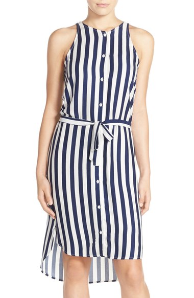 Charles Henry Sleeveless High/Low Shirtdress Navy Stripes high low dresses summer 2016