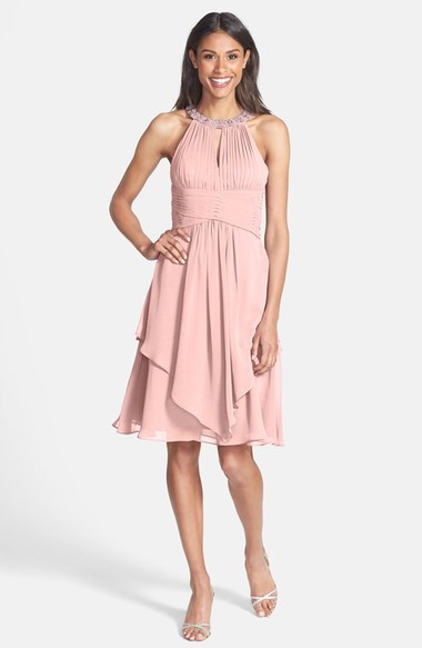 Eliza J Embellished Neck Layered Chiffon Fit & Flare Dress Blush fit and flare dresses summer wedding guest