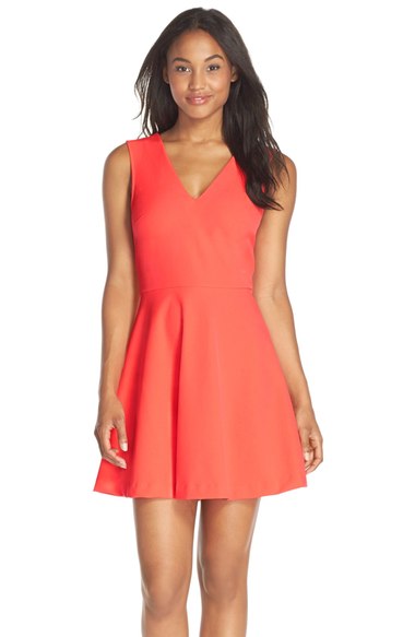 FELICITY & COCO Back Cutout Fit & Flare Dress (Regular & Petite)(Nordstrom Exclusive) Coral fit and flare dresses summer wedding guest season
