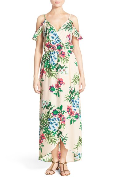 Fraiche by J Floral Print Cold Shoulder High/Low Maxi Dress Peach cold shoulder dresses for summer wedding guest season 