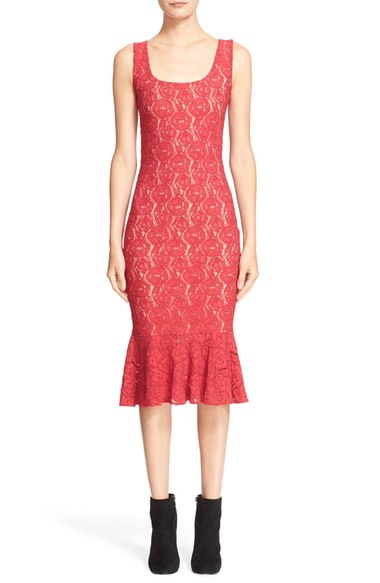 Fuzzi Ruffle Hem Lace Dress Red  lace dresses summer wedding guest season 2016