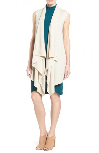 Halogen Wool & Cashmere Drape Front Sweater Vest (Regular & Petite) Heather Oatmeal Nordstrom