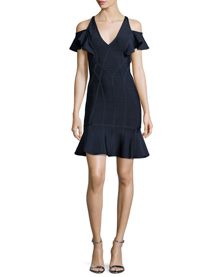 Herve Leger Flutter-Sleeve Cold-Shoulder Bandage Dress Indigo Blue  cold shoulder dresses for summer wedding guest season